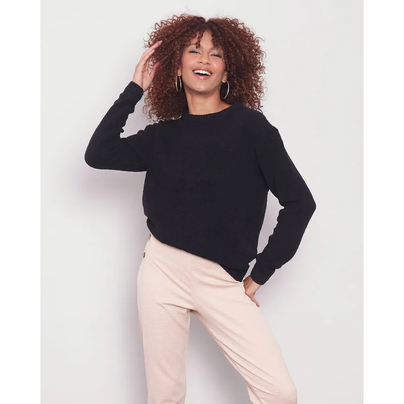 Suéter Feminino Tricô Chenille Detalhe Lurex Donatta Preto M