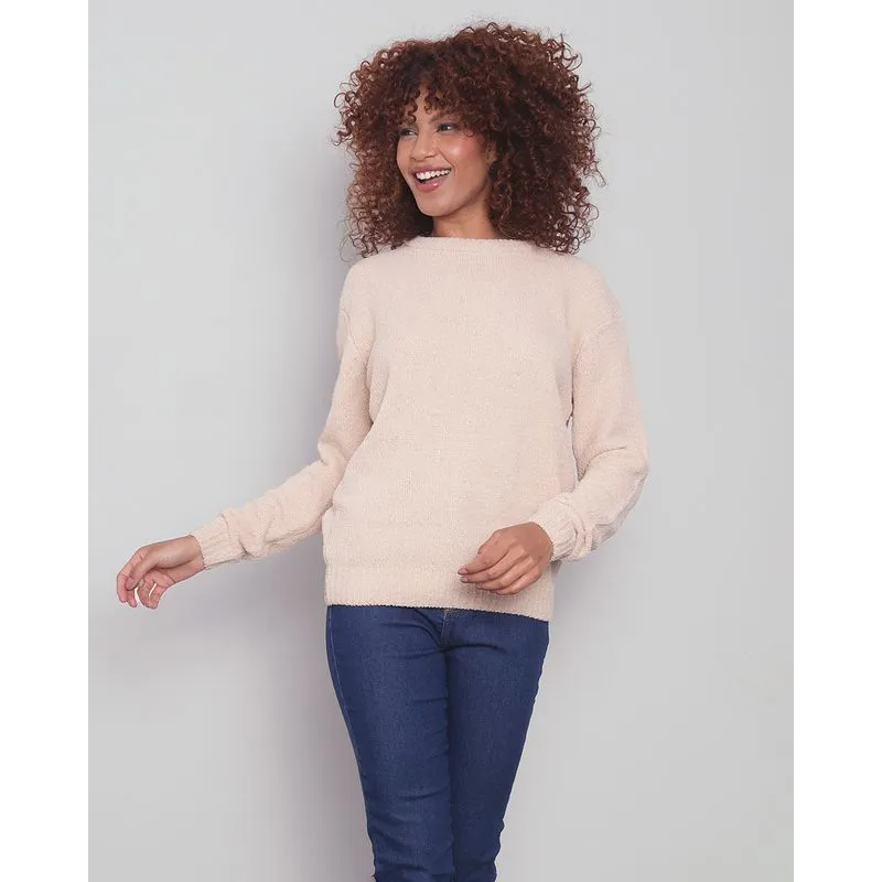 Suéter Feminino Tricô Chenille Lurex Donatta Bege G