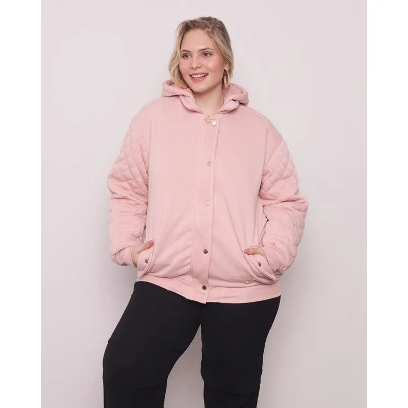 Casaco Moletom Feminino Plus Size Com Capuz Rosa G2