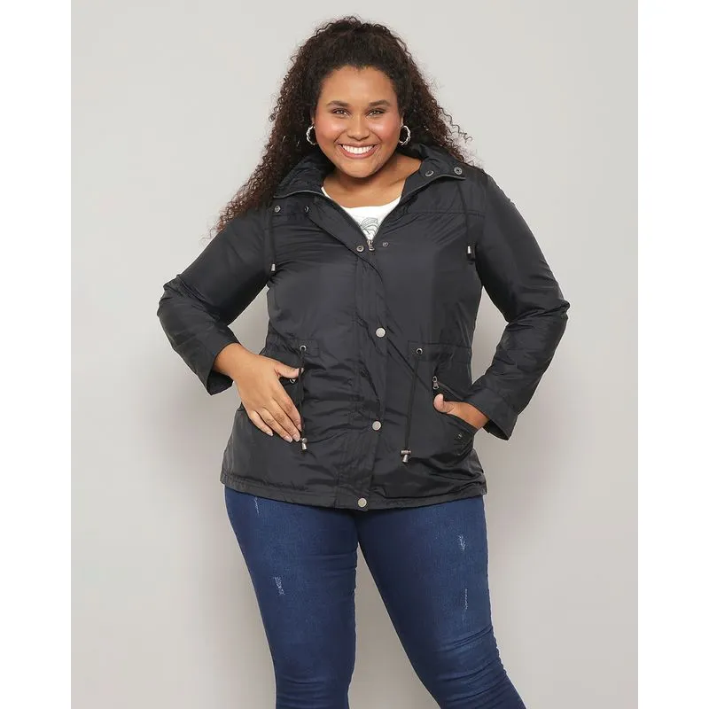 Jaqueta Corta Vento Plus Size Feminina Com Capuz Preta G3