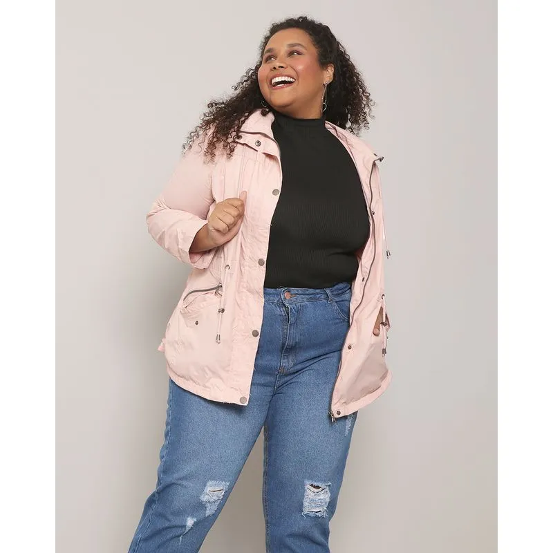 Jaqueta Corta Vento Plus Size Feminina Com Capuz Rosa G3