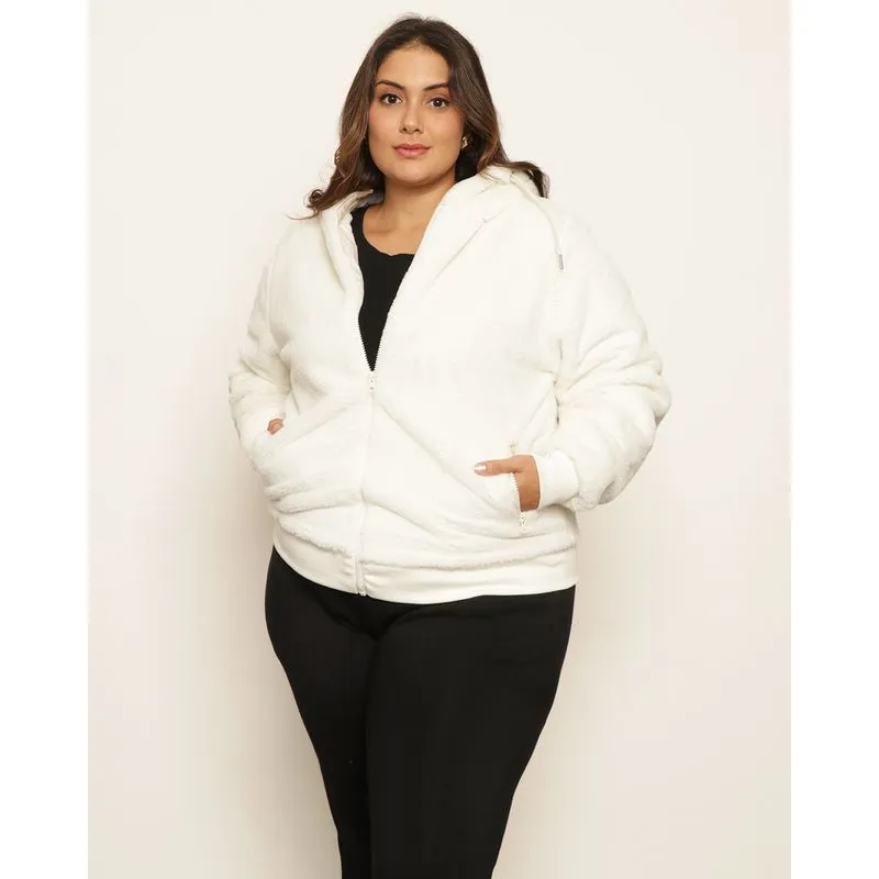 Jaqueta Plus Size Feminina Pelinho Com Capuz Off White G2