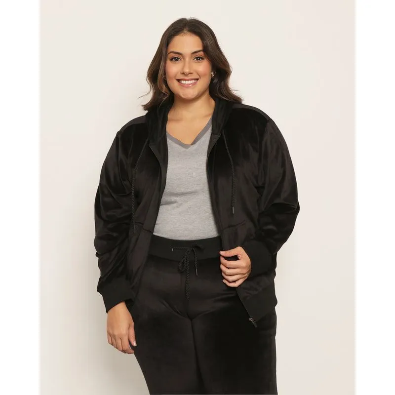 Jaqueta Plus Size feminino Com Capuz Plush Preto G2