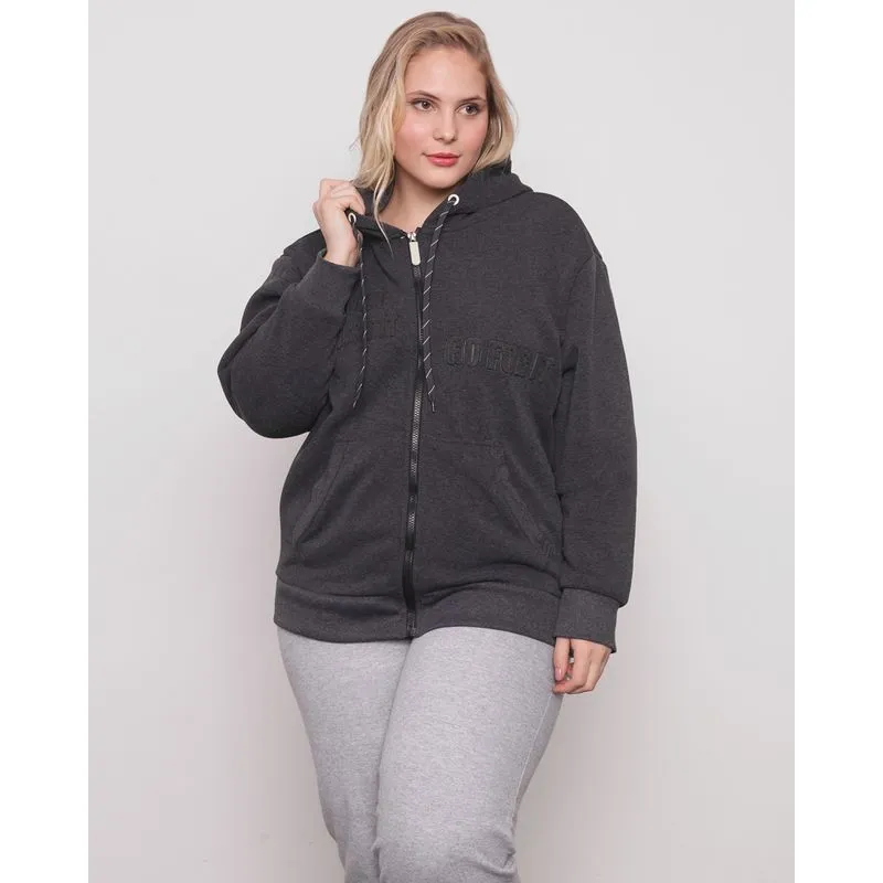 Casaco Moletom Feminino Plus Size Capuz e Emboss Cinza G1