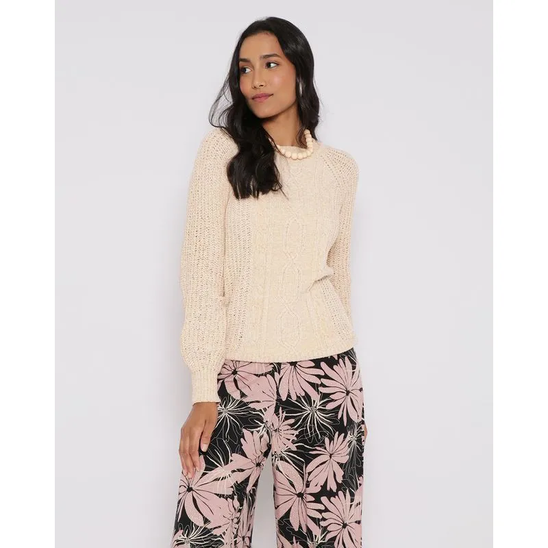 Suéter Feminino Tricô Trabalhado Chenille Bege Claro G