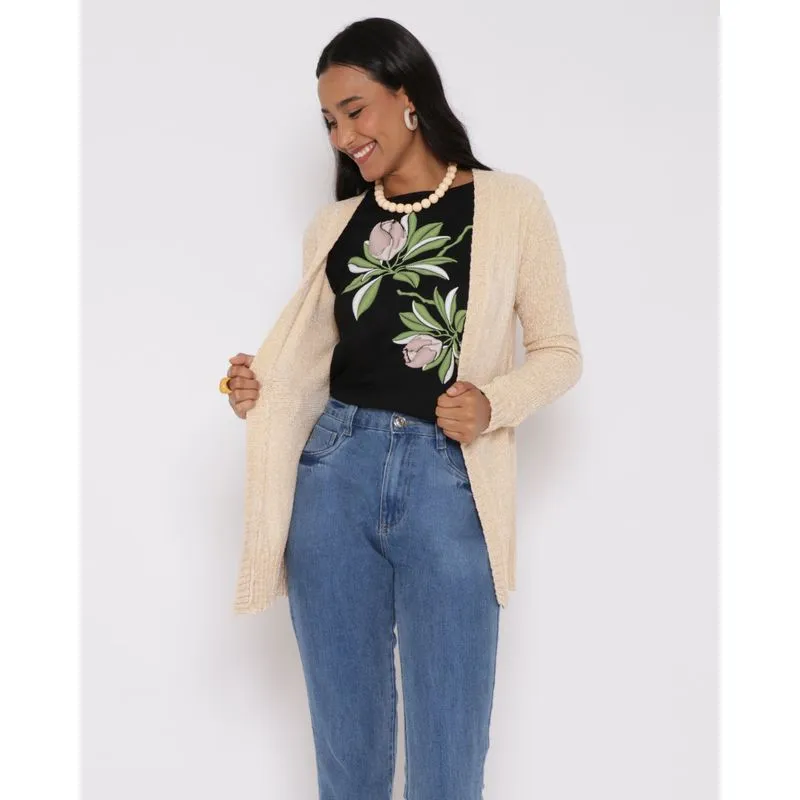 Cardigan Feminino Alongado Chenille Bege GG