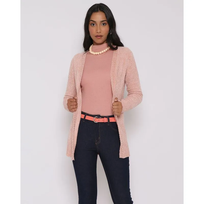 Cardigan Feminino Alongado Chenille Rosa M