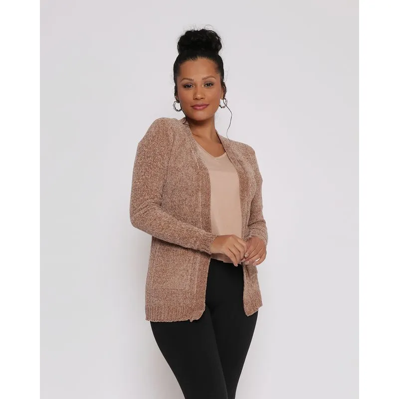 Cardigan Feminino Chenille Manga Longa Com Bolsos Bege G