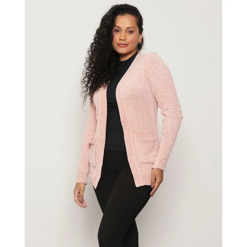 Cardigan Feminino Chenille Manga Longa Com Bolsos Rosa GG