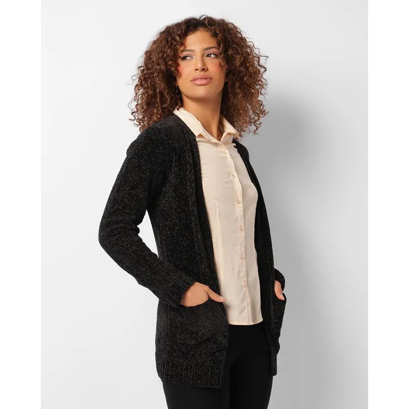 Cardigan Feminino Chenille Manga Longa Com Bolsos Preto P