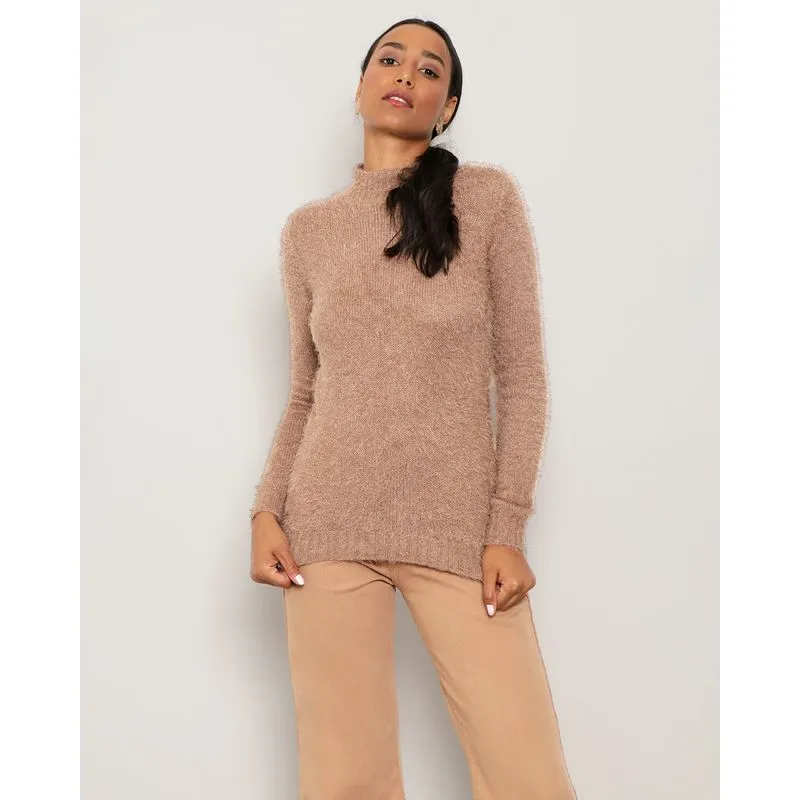Suéter Feminino Tricô Felpudo Gola Alta Bege G