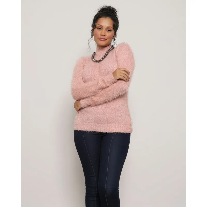 Suéter Feminino Tricô Felpudo Gola Alta Rosa G