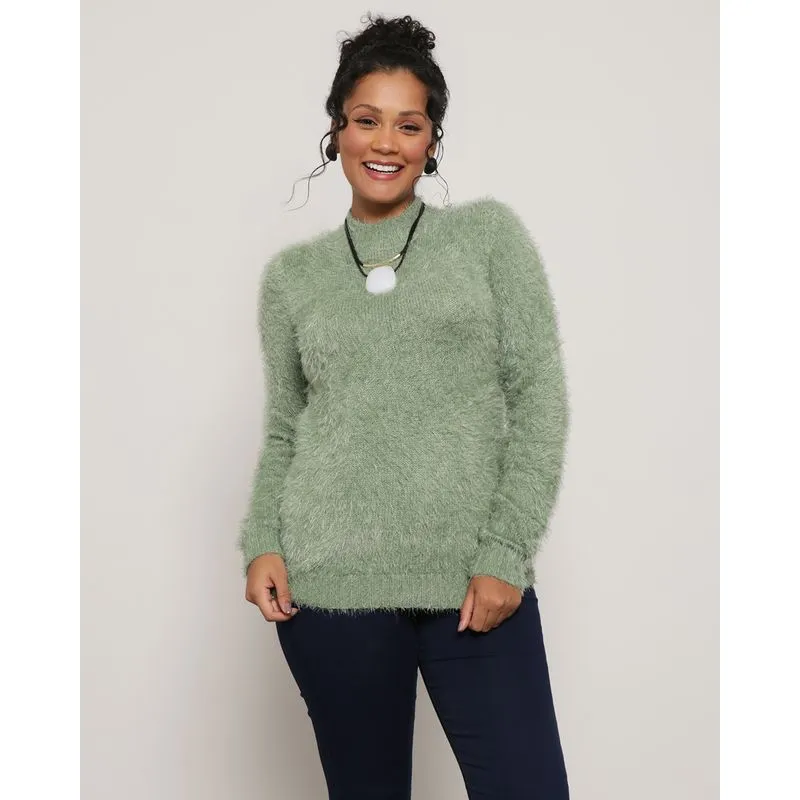 Suéter Feminino Tricô Felpudo Gola Alta Verde P