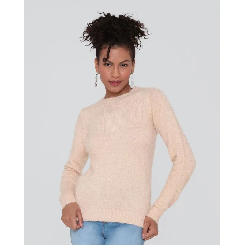 Suéter Feminino Tricô Pelinhos Bege Claro M