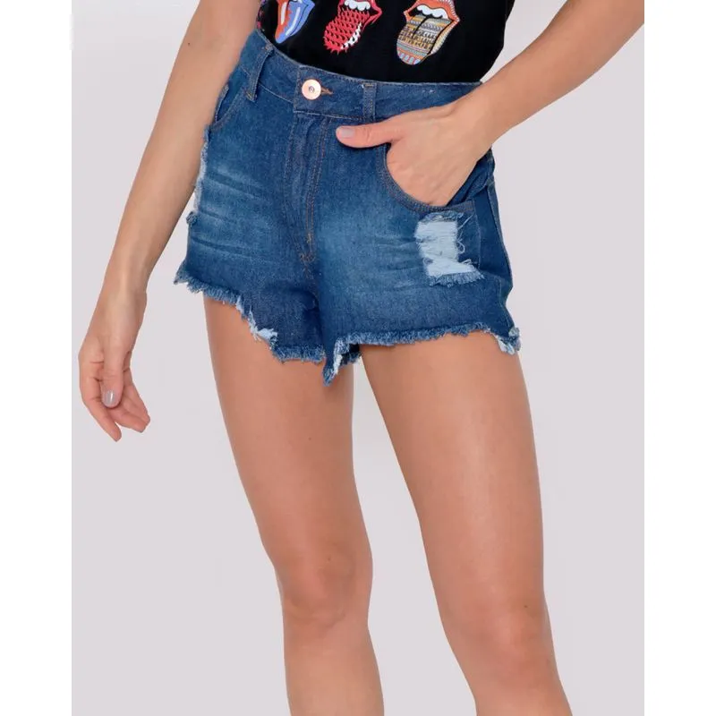Short Jeans Feminino Destroyed Azul 38