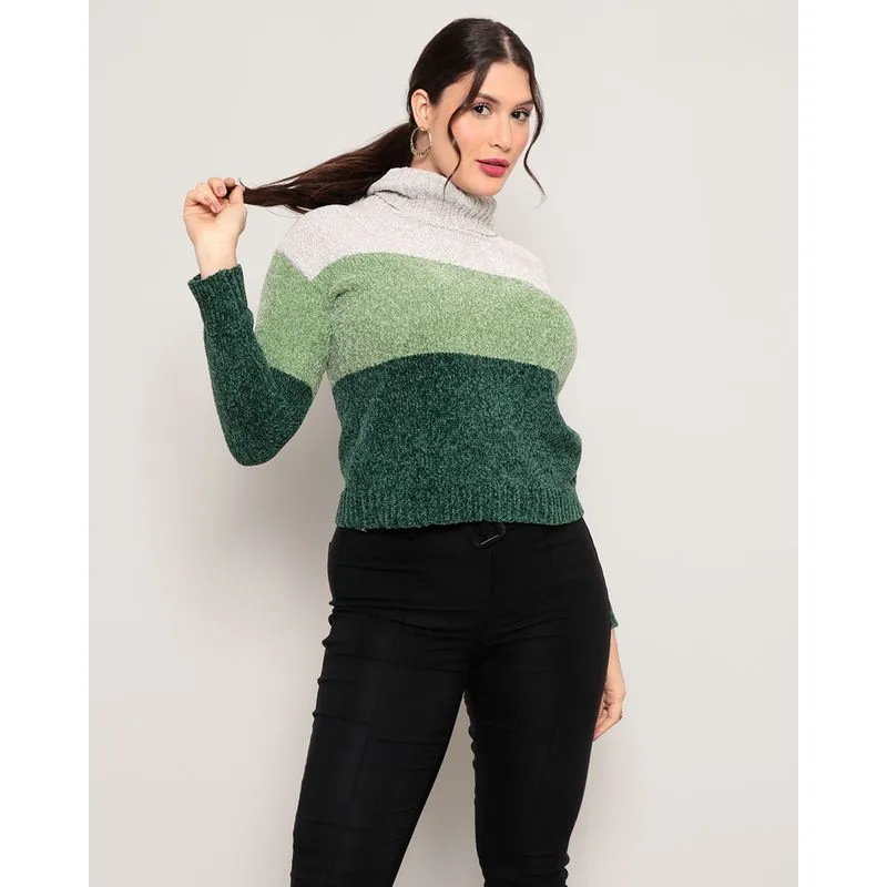 Suéter Feminino Tricô Chenille Gola Alta Cinza M