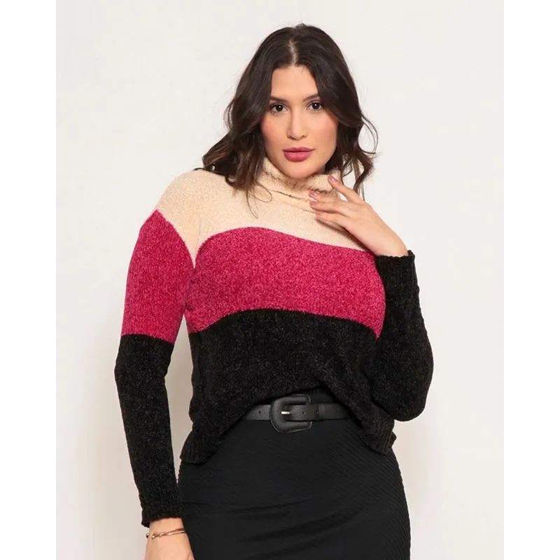 Suéter Feminino Tricô Chenille Gola Alta Bege GG