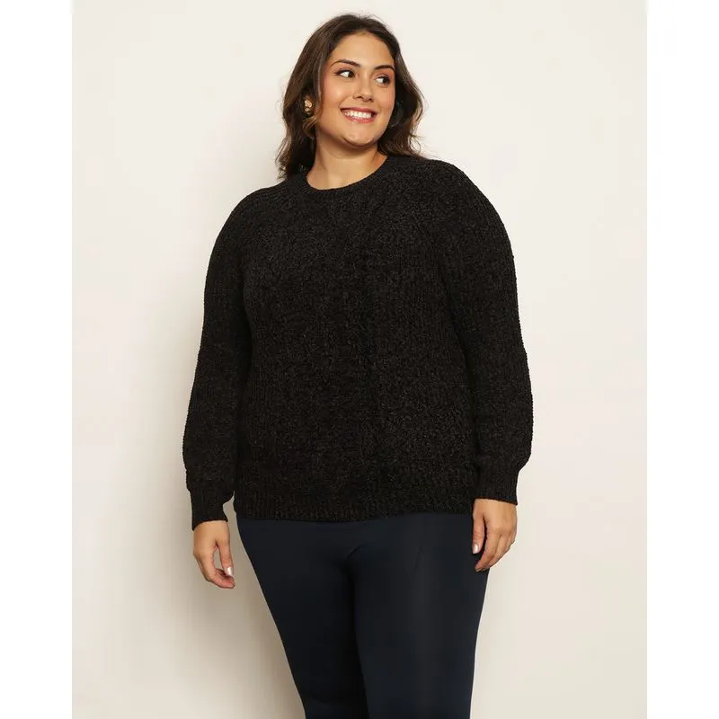 Suéter Plus Size Feminino Tricô Chenille Preto G2