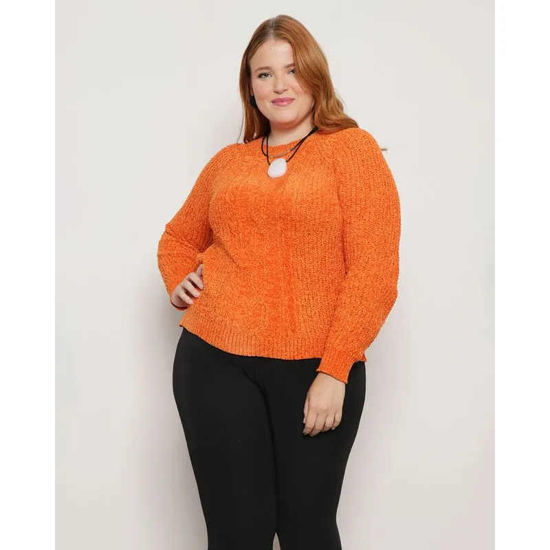 Suéter Plus Size Feminino Tricô Chenille Laranja G1
