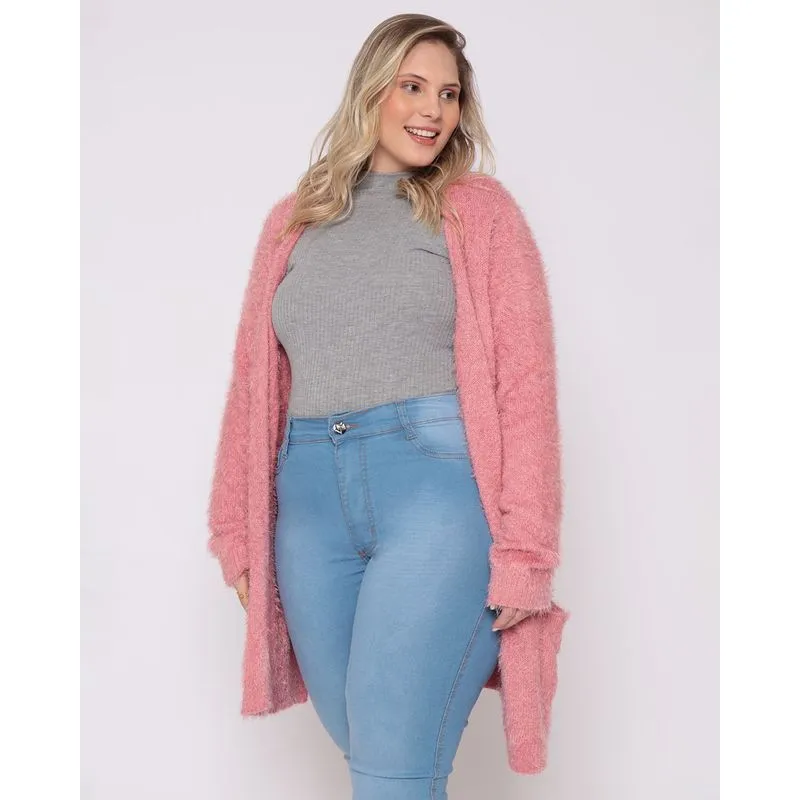 Cardigan Feminino Plus Size Pelinho Tricô Rosa G3