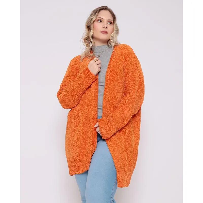 Cardigan Plus Size Feminino Chenille Laranja G2