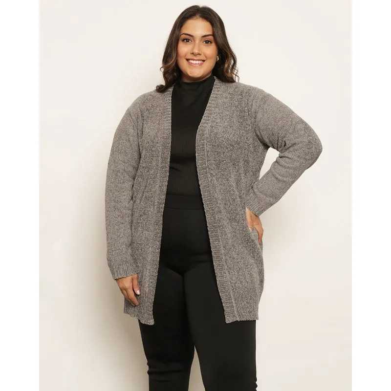 Cardigan Plus Size Feminino Chenille Cinza G2