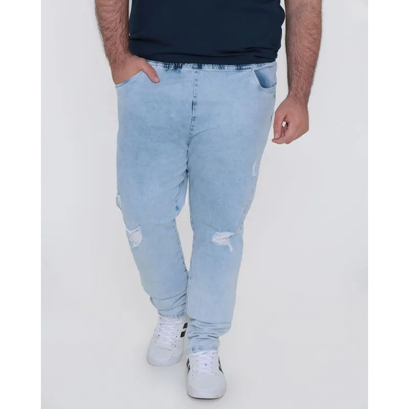 Calça Jeans Masculina Plus Cós Elástico Azul Claro 50