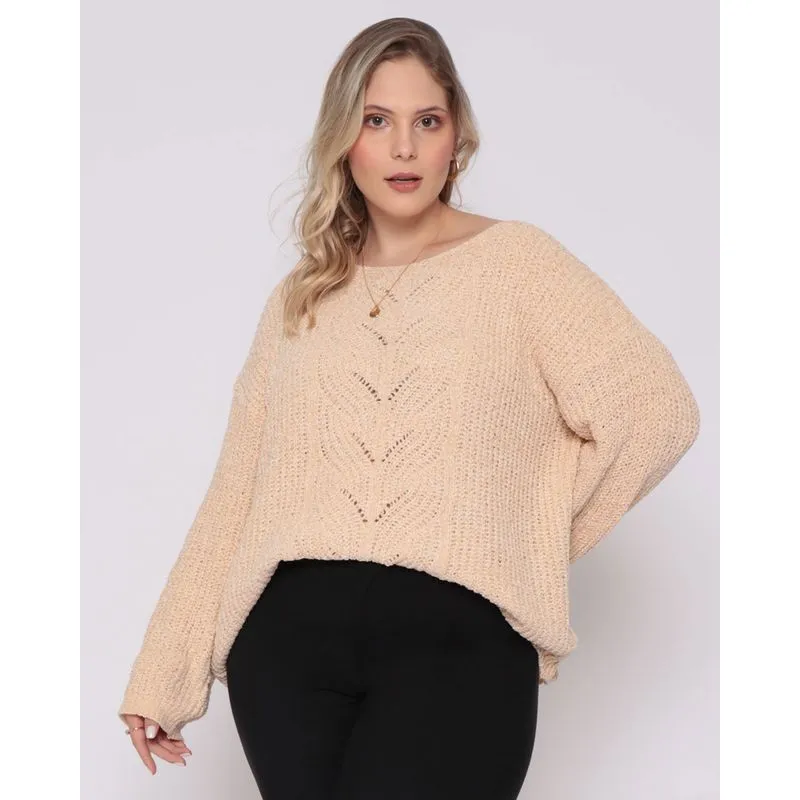 Suéter Feminino Plus Size Tricô Chenille Bege G3