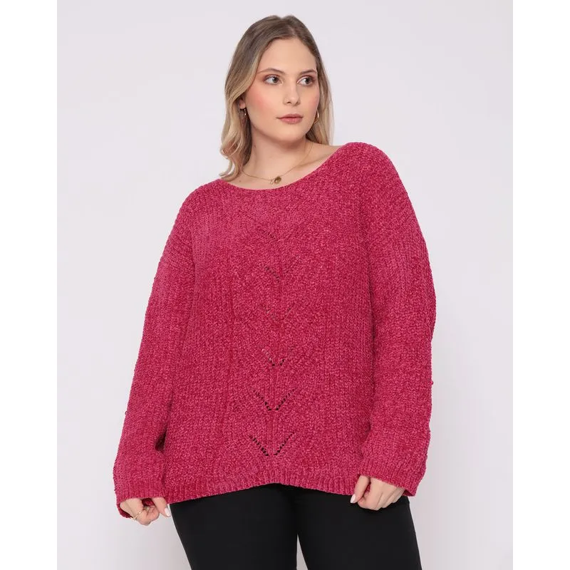 Suéter Feminino Plus Size Tricô Chenille Rosa G2