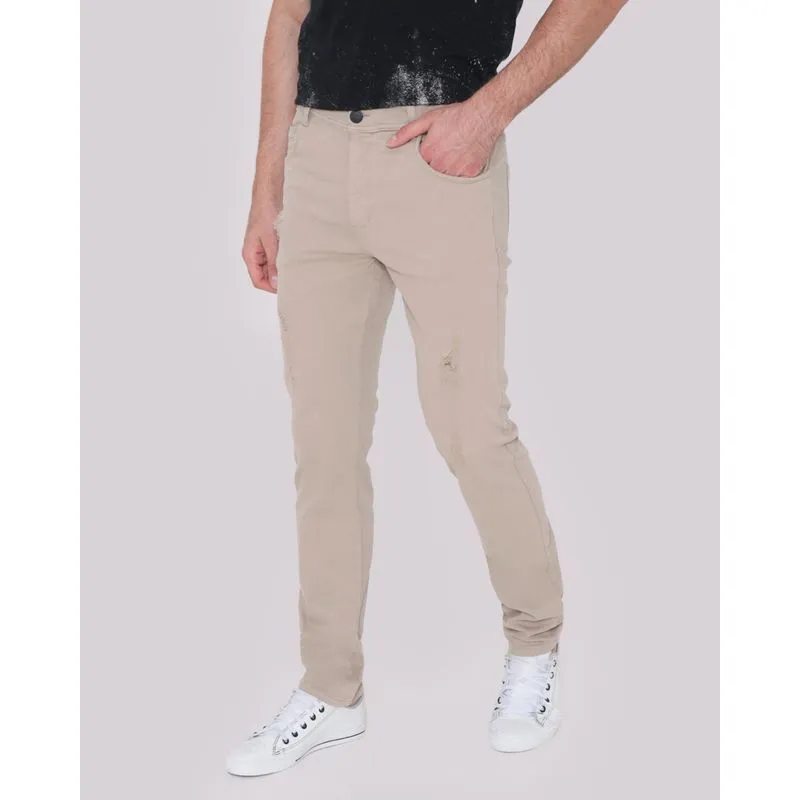Calça Sarja Masculina Slim Puídos Bege Médio 48
