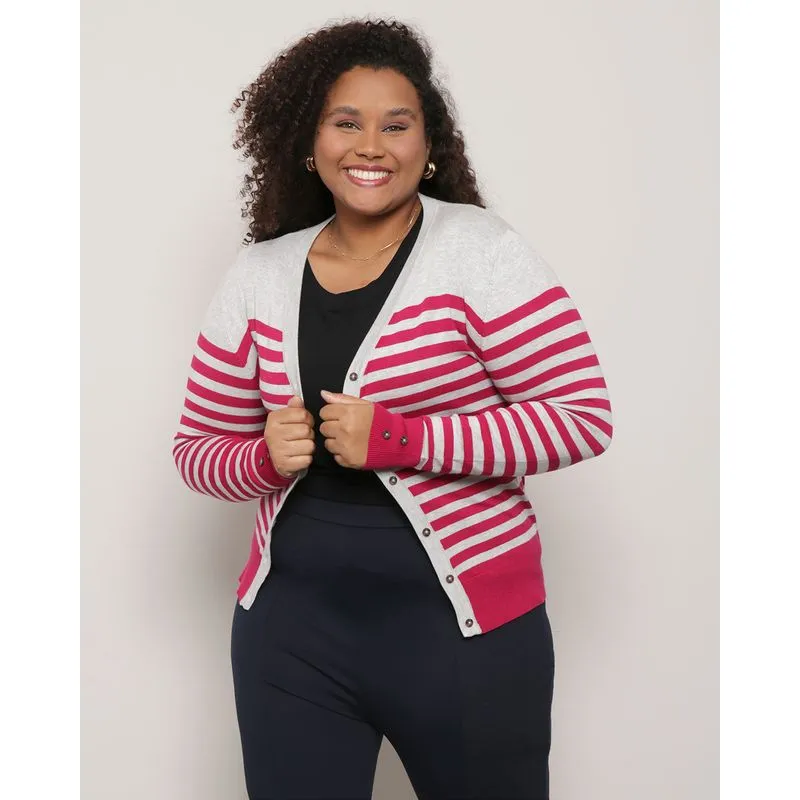Cardigan Plus Size Feminino Tricô Com Listras Cinza e Rosa G3