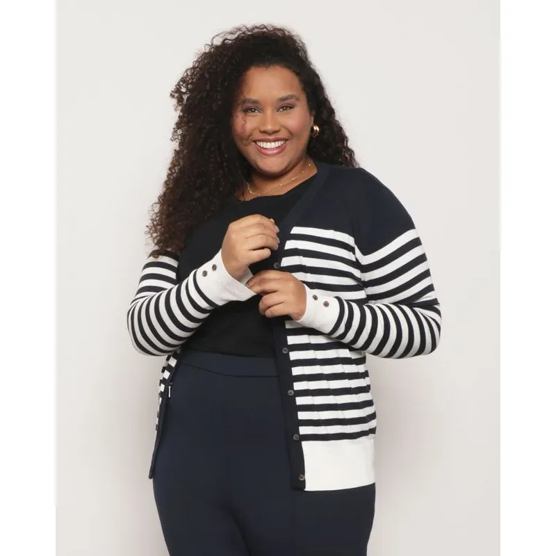 Cardigan Plus Size Feminino Tricô Com Listras Off White e Marinho G2