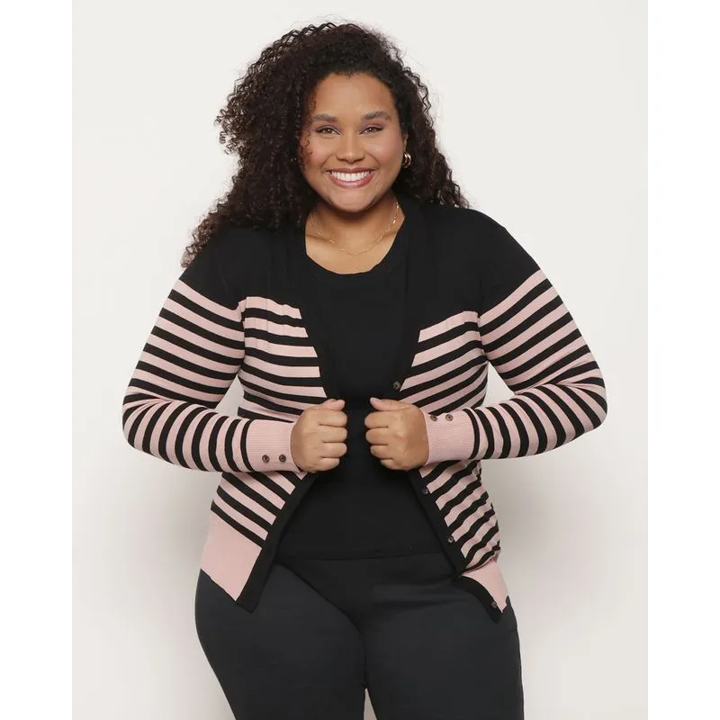 Cardigan Plus Size Feminino Tricô Com Listras Rosa e Preto G1