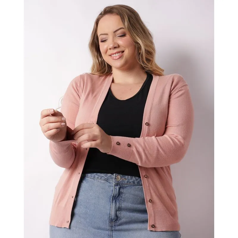 Cardigan Feminino Plus Size Liso Rosa G3