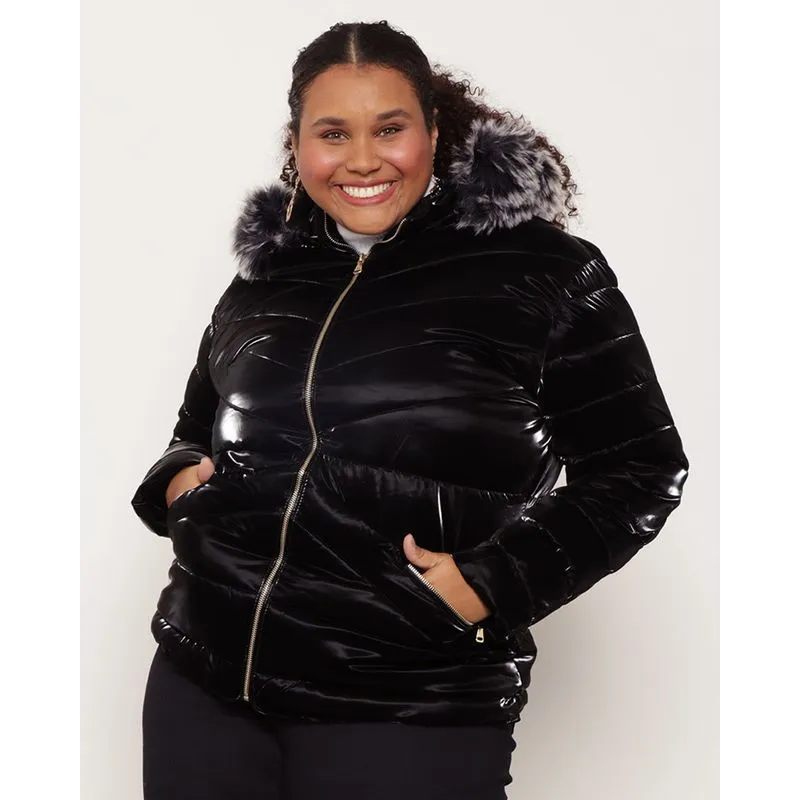 Jaqueta Feminina Plus Size Puffer Com Capuz Removível Holográfica Preta G1