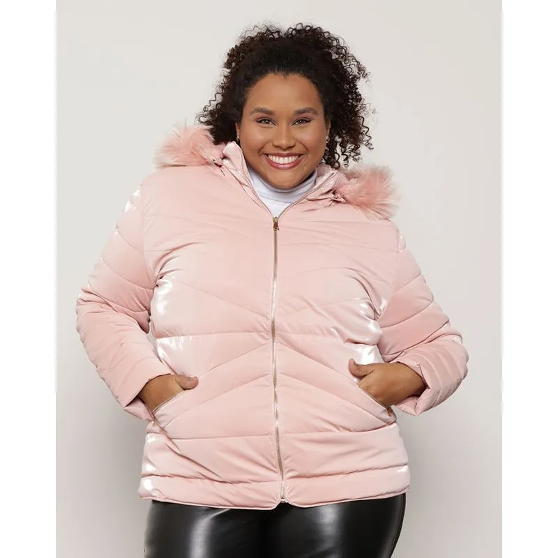 Jaqueta Feminina Plus Size Puffer Com Capuz Removível Holográfica Rosa G2