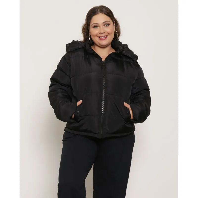 Jaqueta Feminina Plus Size Com Capuz Puffer Preta G1