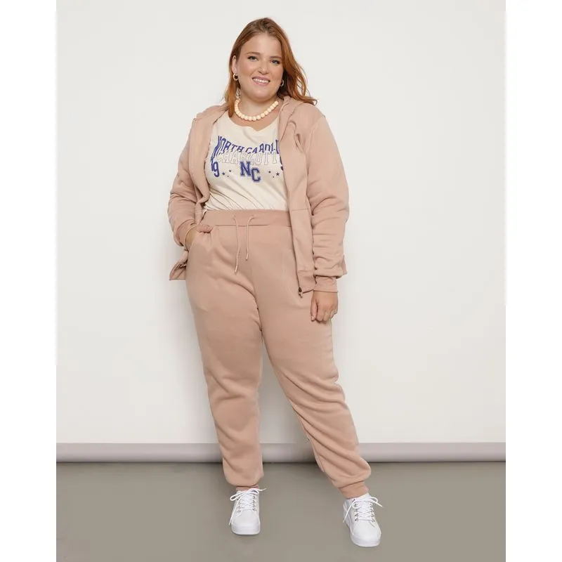 Calça Moletom Plus Size Feminina Peluciada Jogger Com Bolsos Bege G2