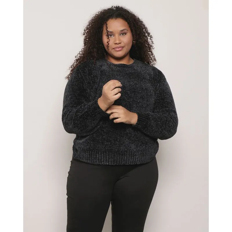 Suéter Plus SIze Feminino Tricô Chenille Manga Bufante Preto G3
