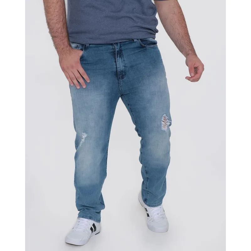 Calça Jeans Masculina Plus Size Reta Azul Médio 50