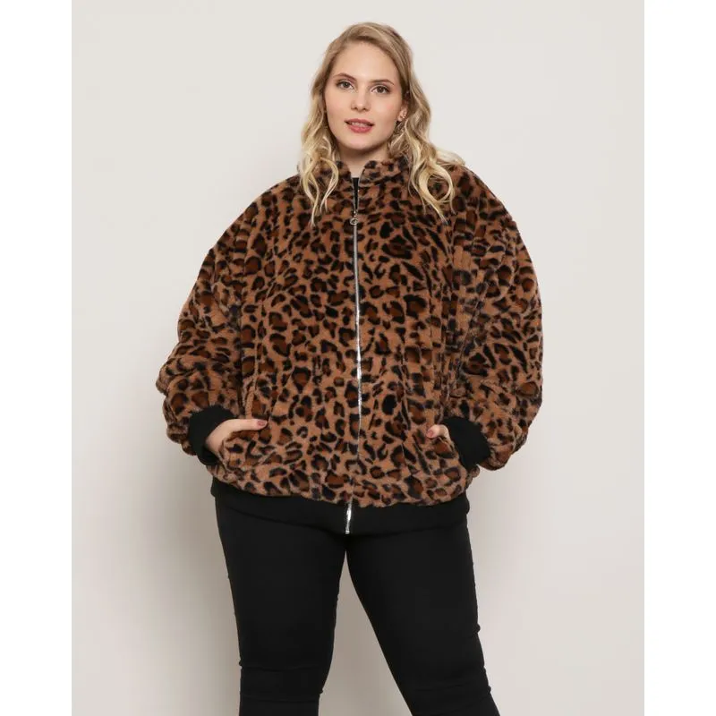 Jaqueta Plus Size Feminina Pelo Animal Print Marrom G1