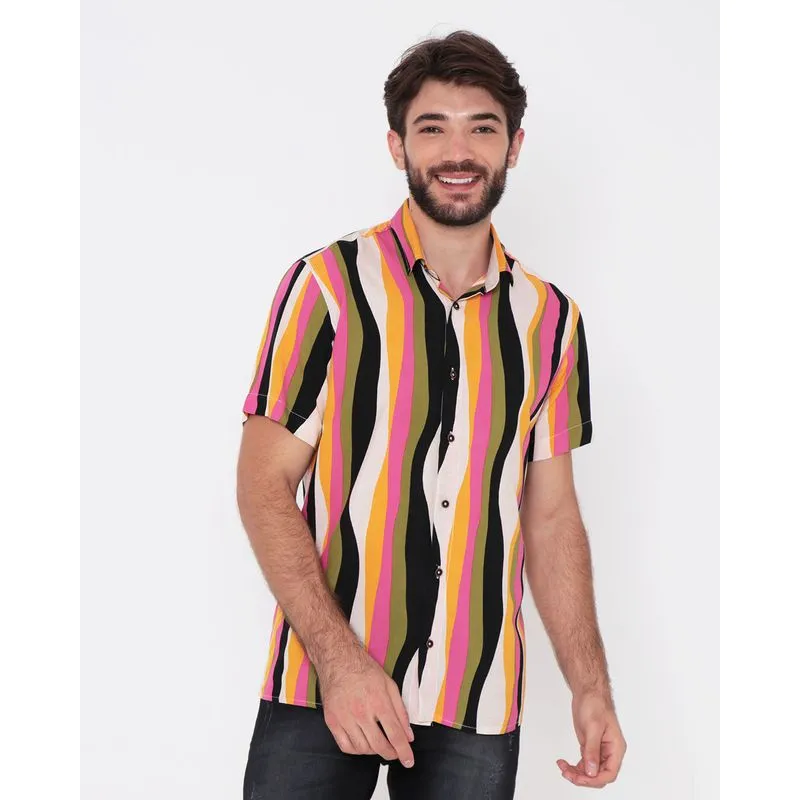 Camisa Masculina Viscose Listras Coloridas Bege 3