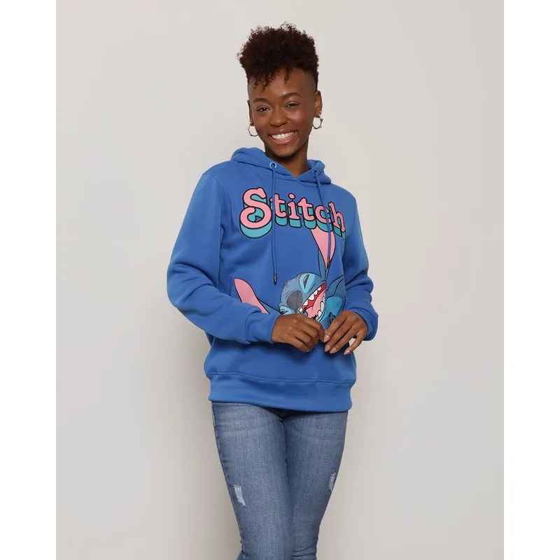 Blusão Moletom Feminino Com Capuz Stitch Disney Azul M