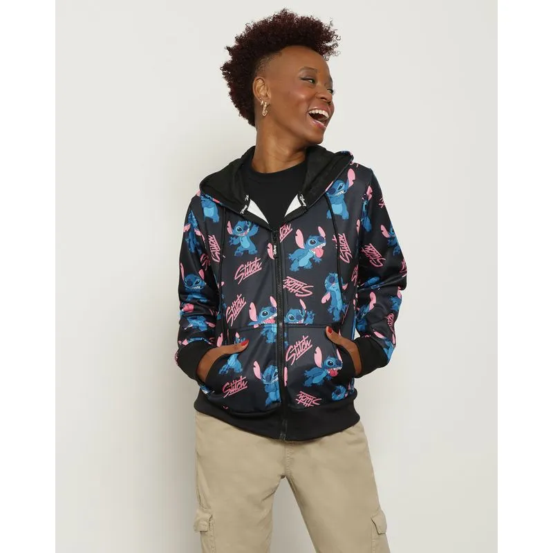 Casaco Feminino Helanca Com Capuz Stitch Preto G