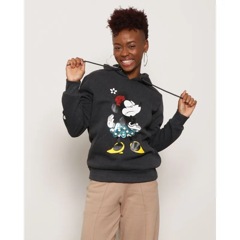 Blusão Moletom Feminino Com Capuz Minnie Disney Cinza Escuro P