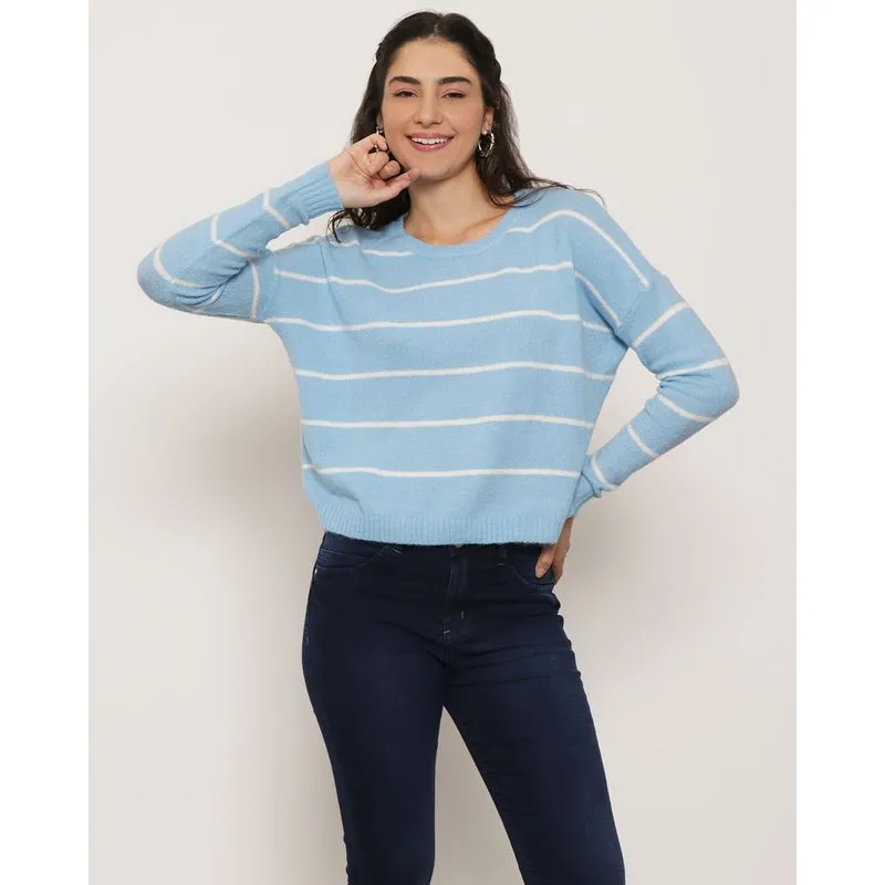 Suéter Feminino Tricô Listrada Manga Longa Azul Claro P