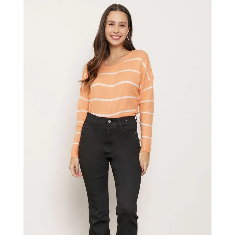Suéter Feminino Tricô Manga Longa Listrada Luv Laranja M