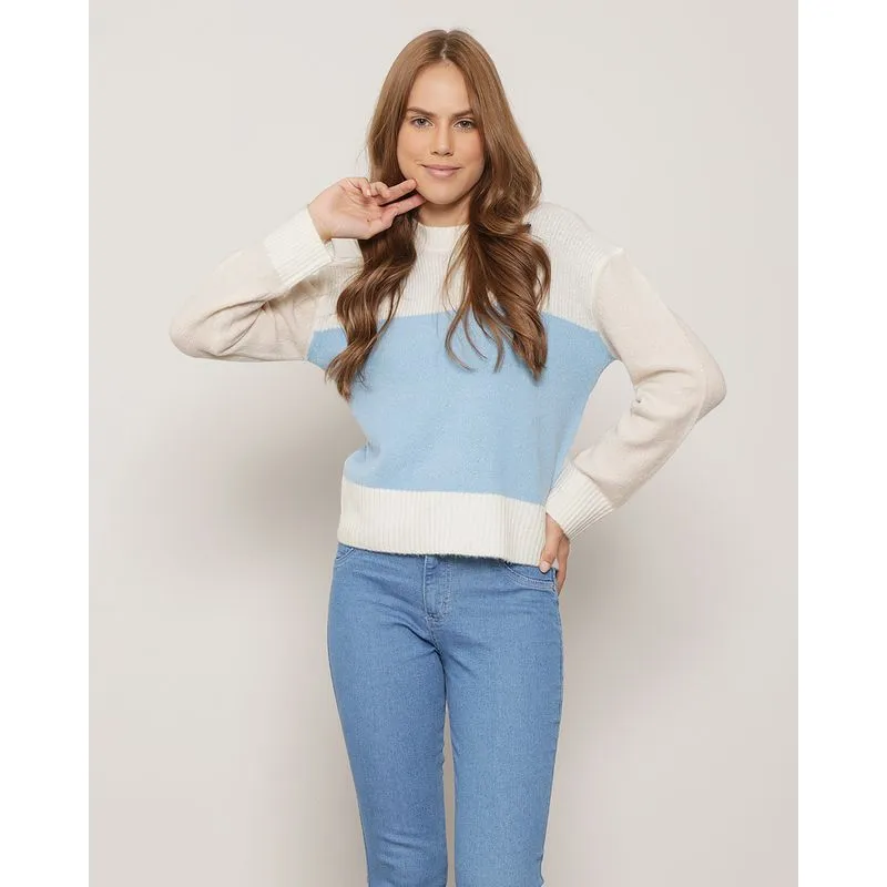 Suéter Feminino Tricô Bicolor Azul GG