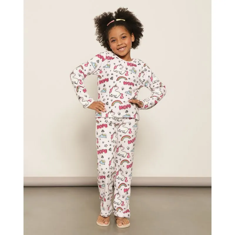 Pijama Infantil Manga Longa Peluciado Unicórnio Rosa 6