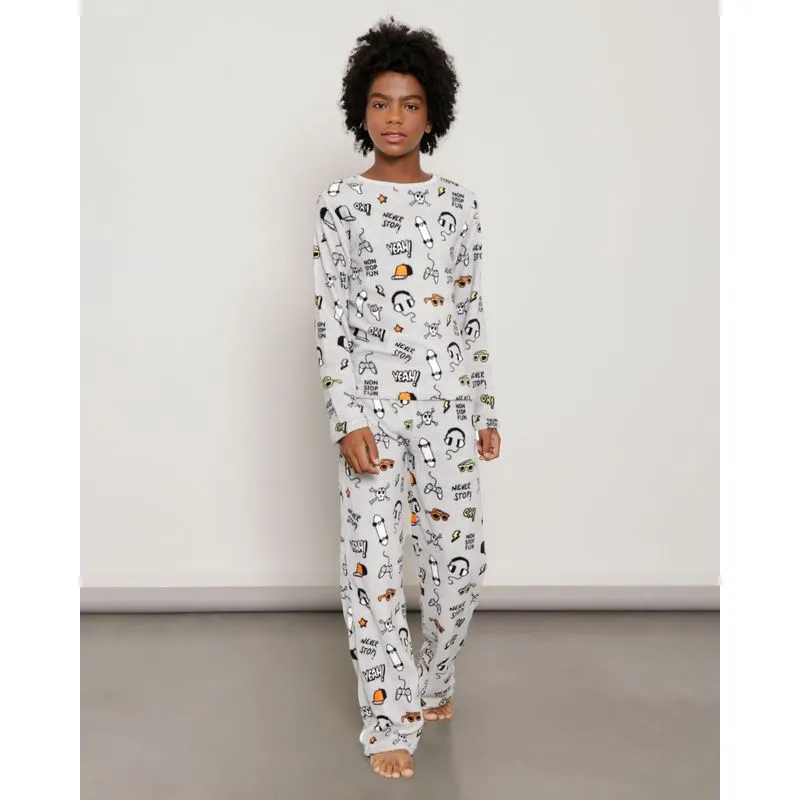 Pijama Juvenil Longo Soft estampado Cinza 12